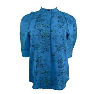 Judith and Charles Blue Silk Blouse with Gathered Shoulders